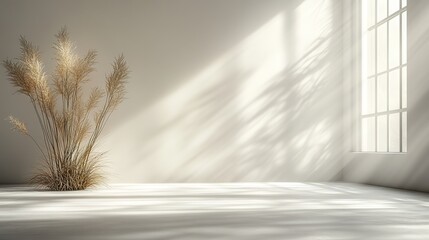 Sunlit Minimalist Interior with Pampas Grass and Window Shadows