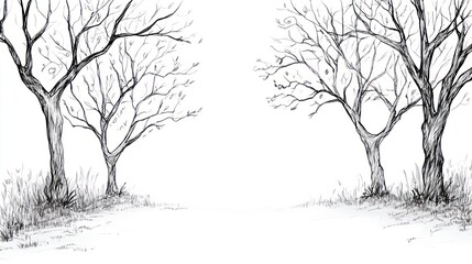 Fototapeta premium Winter trees landscape drawing, white background, nature illustration, card design