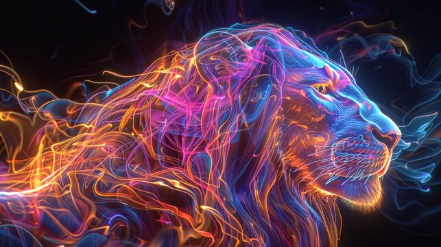 a noble lion, formed from false colour incandescent plasma, strong visual flow