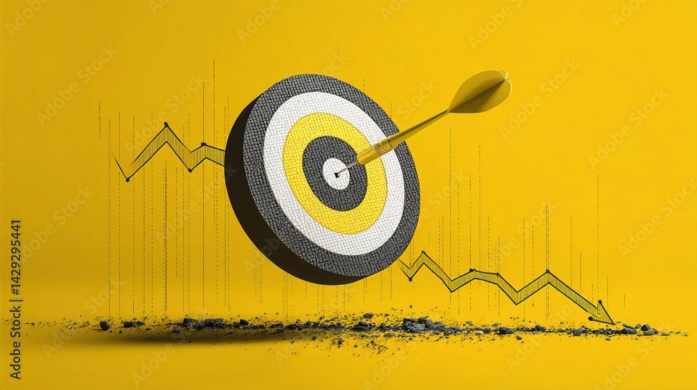 Poster double exposure dart hitting yellow bullseye with declining graph