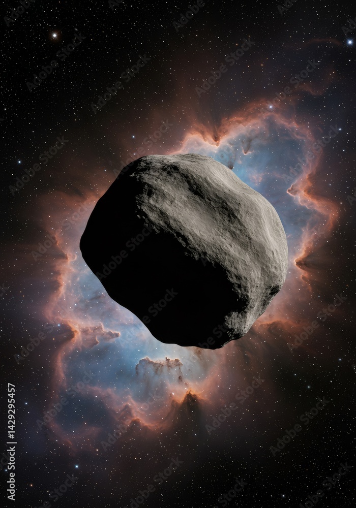 Poster asteroid floating in space against colorful nebula background. cosmic exploration and planetary defe