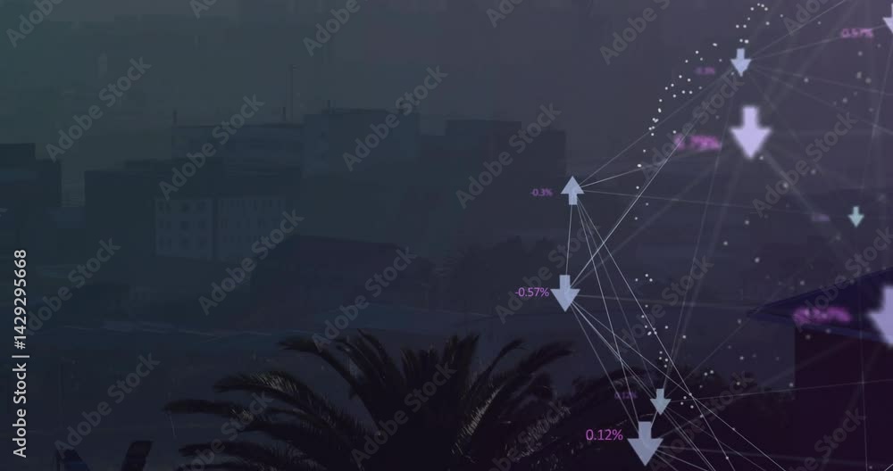 Poster overlaying flat design data network on hazy skyline with palm leaf and downward percentage arrows