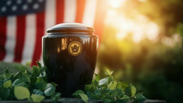 Black urn symbolizing military service against a sunlit backdrop  