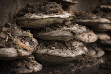 Close-up of wild mushrooms growing in soil with natural textures and earthy tones

