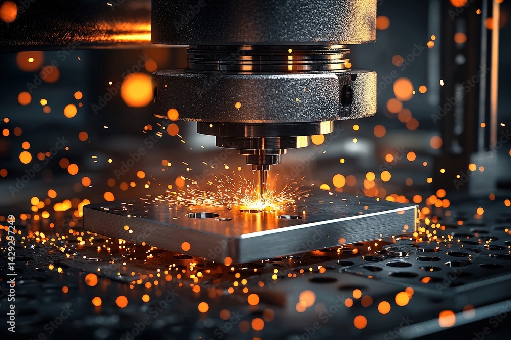 Poster gear for heavy-duty use. a close-up of a cnc machine cutting metal, creating sparks and bokeh effect