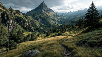 The image depicts a serene alpine landscape with a prominent, sharp-peak mountain in the background