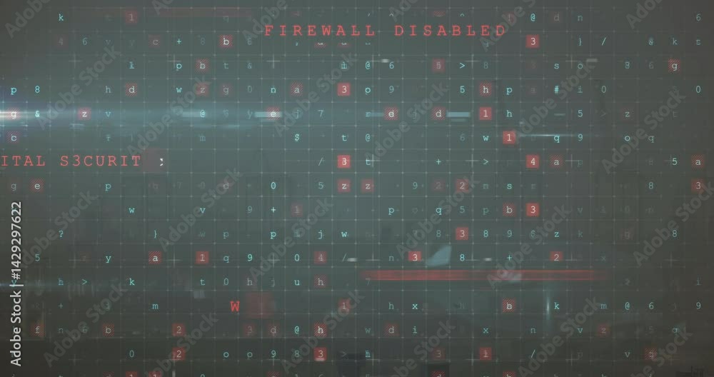 Poster full?frame digital grid glowing with floating red warnings and glitches in animated illustration