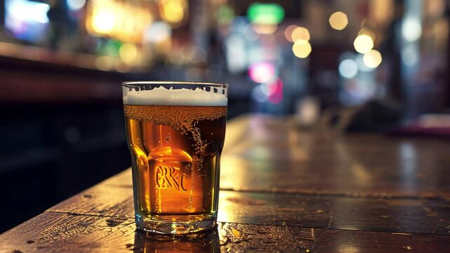 A freshly poured pint of beer sitting on a wooden table in a cozy pub during the evening, with warm lights creating a welcoming atmosphere for patrons to enjoy drinks and socialize
