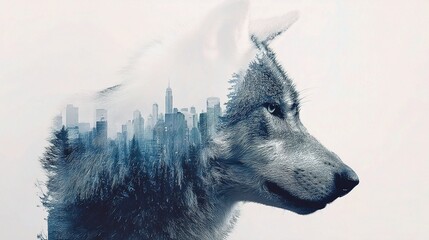 Double Exposure of Wolf Head with City Skyline in Winter Setting