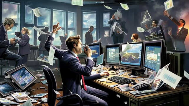 A chaotic Wall Street trading room filled with tension and activity as traders react to market fluctuations during a critical trading session at the close of the day