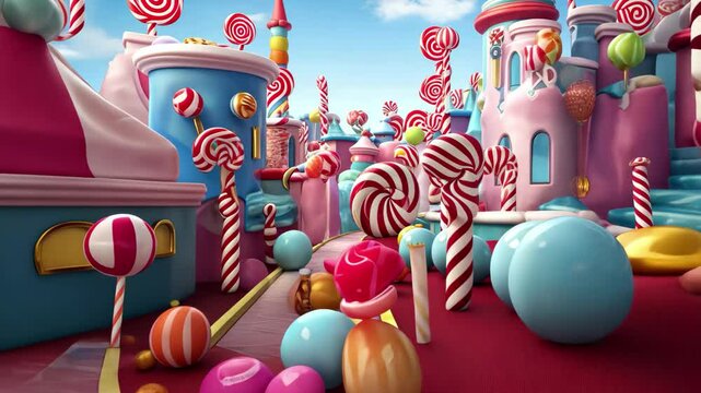 Explore a whimsical candy land filled with towering lollipops, colorful gumdrops, and sweet treats under a bright blue sky