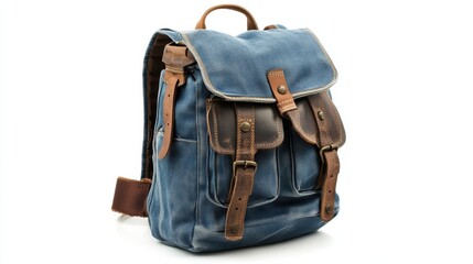 Naklejka premium Retro-inspired canvas backpack with leather details, padded shoulder straps, and a spacious interior, isolate on white background