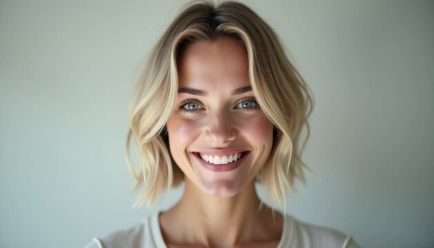 Smiling faces of different people on neutral background, slideshow, photorealism