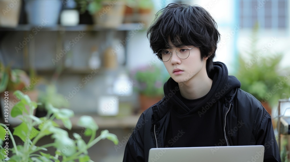 Poster young developer programming on laptop surrounded by anime themed background in studio lighting