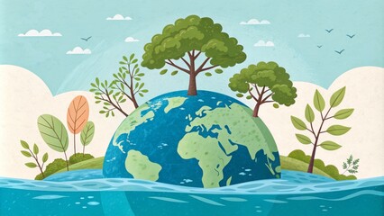 Earth Day Illustration Cartoon Globe with Trees, Watercolor Style, Nature Concept,Save the Planet Environment, Ecology