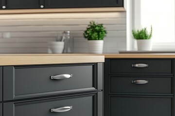 Modern kitchen cabinetry with light-colored countertop and sleek handles