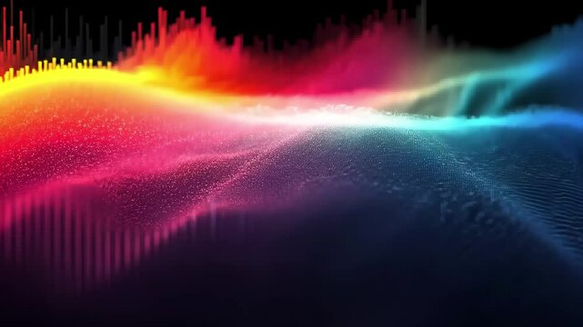 Polychromatic waves undulate across a backdrop of binary code, illustrating a vibrant digital landscape that merges technology and art in a contemporary setting