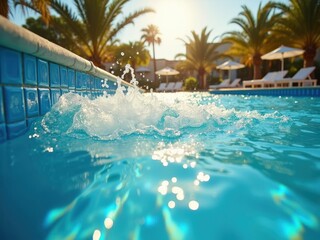 A refreshing image depicting a turquoise pool with splashing water near the edge under the warm glow of a setting sun Palm trees and lounge chairs blur in the background creating a serene summer atmos