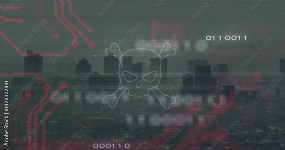 Poster digital skull and crossbones floating over skyline, showing glitchy circuit traces and binary code