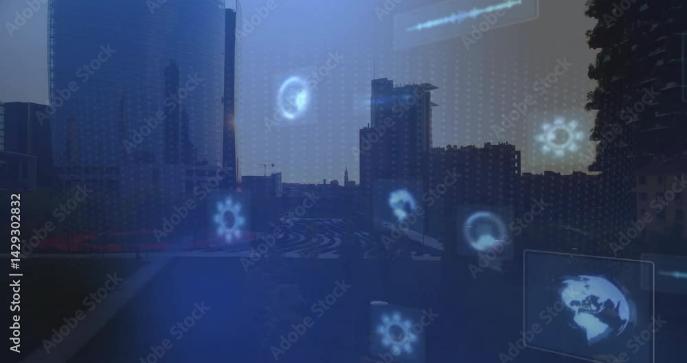 Poster 3d render city skyline displaying floating gear icons globe maps waveforms over circular plaza
