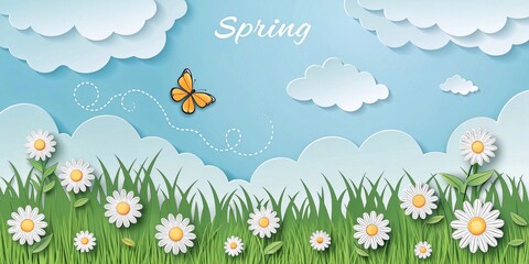 Beautiful fluffy clouds on a blue sky background, summer sun, butterfly, green grass on the lawn. Seamless pattern border, spring header. Vector illustration. Paper cut chamomile flowers.