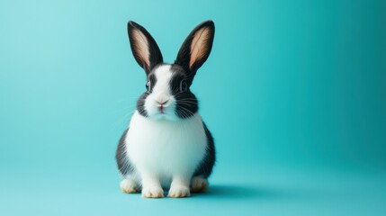 Obraz premium Adorable black-and-white rabbit, sitting calmly on a pastel blue minimalist background