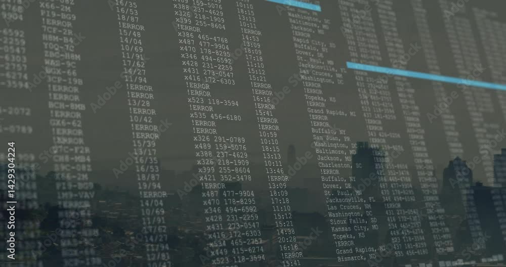 Poster vertical data columns being animated over blurred skyline at dusk, showing blue error highlights
