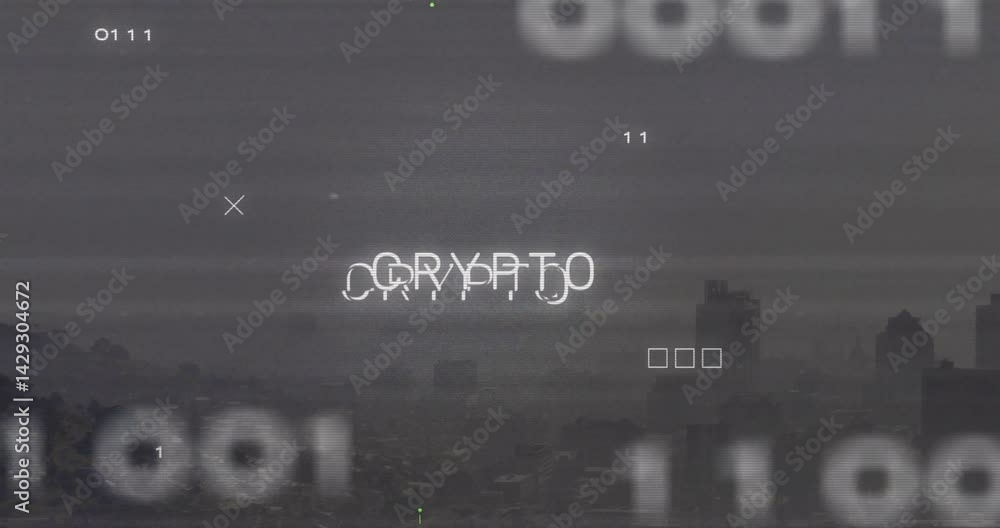 Poster crypto text glitching over hazy city skyline, floating among binary digits and graphic shapes