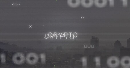 Crypto text glitching over hazy city skyline, floating among binary digits and graphic shapes - Powered by Adobe