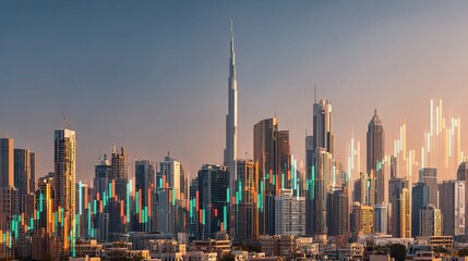Vibrant Dubai Skyline with Financial Chart Overlays at Sunset