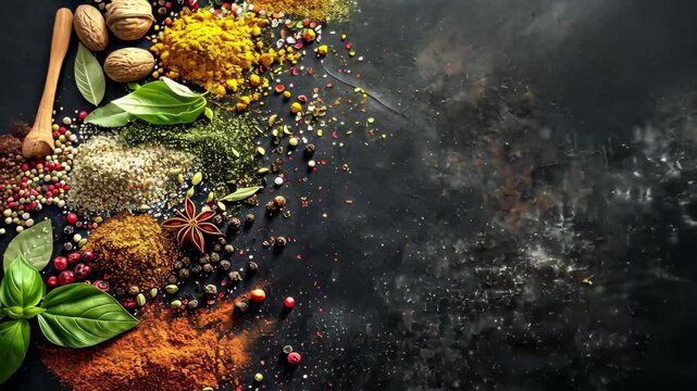 A colorful assortment of spices and herbs arranged artistically on a black background, showcasing vibrant colors and diverse textures perfect for culinary exploration
