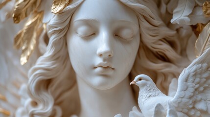 Serene marble angel sculpture, dove, gold leaf, museum