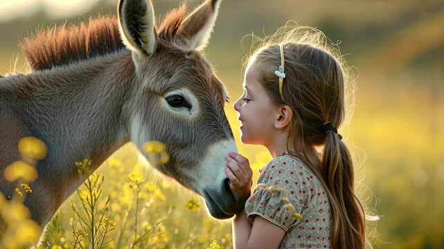 A cute girl shares a gentle kiss with a friendly donkey in a vibrant field filled with flowers during golden hour, capturing a heartwarming moment of friendship and affection