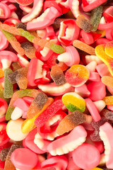 Assorted tasty gummy candies. Top view. Jelly  sweets.
