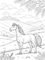 Horse in Landscape Line Art Coloring Page, Horse, Coloring Book