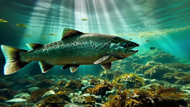 Underwater shot of a salmon actively searching for food among rocks and aquatic plants in a clear river during midday