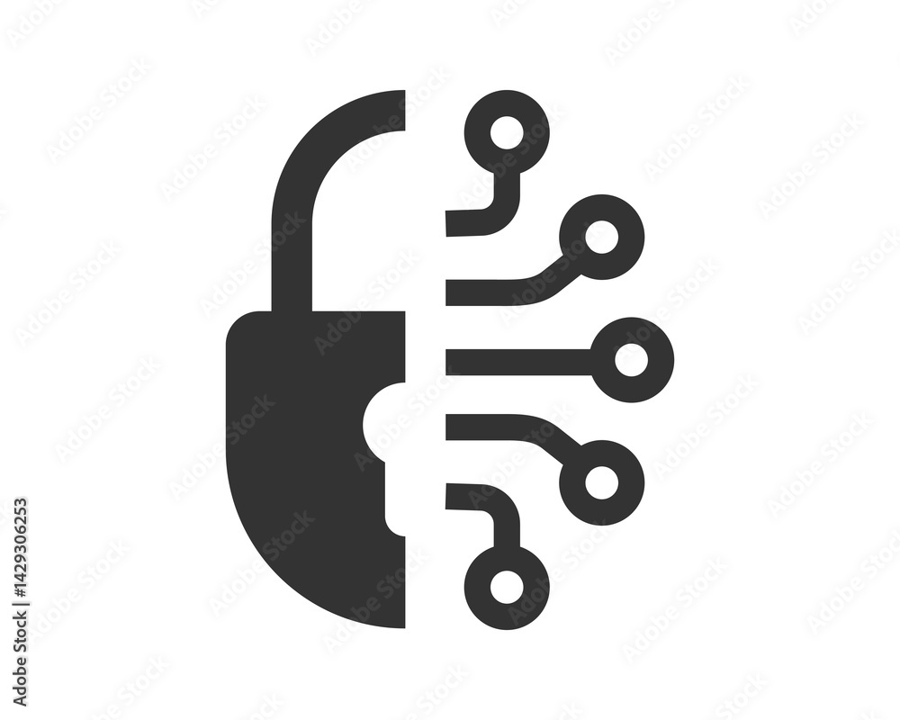 Poster minimalist vector icon of a padlock merged with a circuit board. represents digital security, encryp