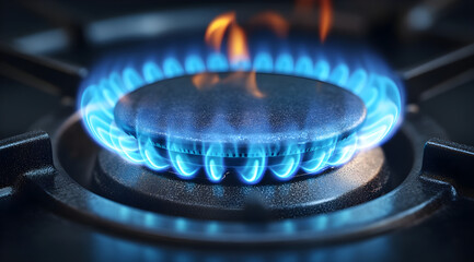 Closeup of a modern gas stove burner with a bright blue flame. Concepts. cooking, energy, heat, gas, appliance