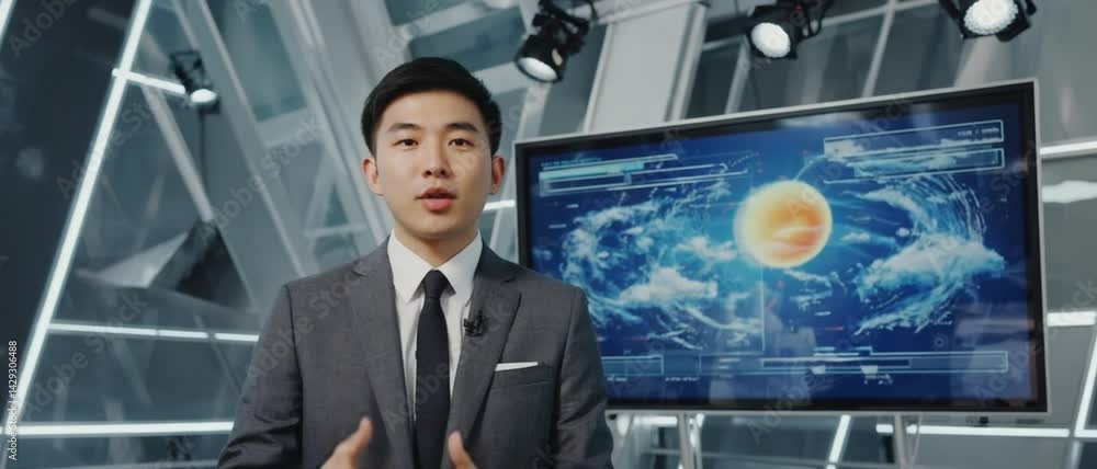 Poster a professional asian weather presenter reports on global storm patterns in a high-tech studio. conce
