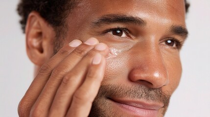 Fototapeta premium Fresh-Faced Man Applying Skincare with Medium Skin Tone Close-Up
