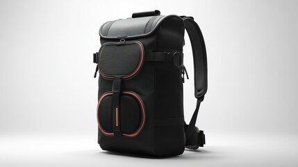 Naklejka premium Black backpack with circular graphic elements, sleek design, and sturdy build, isolate on white background