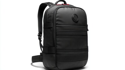Naklejka premium Black backpack with circular graphic elements, sleek design, and sturdy build, isolate on white background