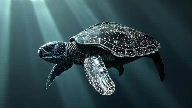 A leatherback sea turtle gliding gracefully through the deep ocean waters, illuminated by soft beams of light filtering down from the surface during the peaceful twilight hours
