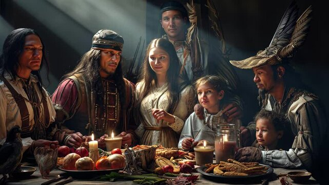 A reimagined gathering of Native Americans and Pilgrims celebrating Thanksgiving with traditional food and heartfelt expressions in a dimly lit, rustic setting