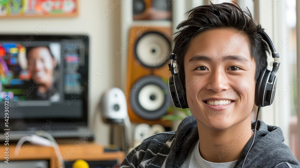 Poster young programmer at laptop surrounded by anime character backdrops in a well lit studio setting