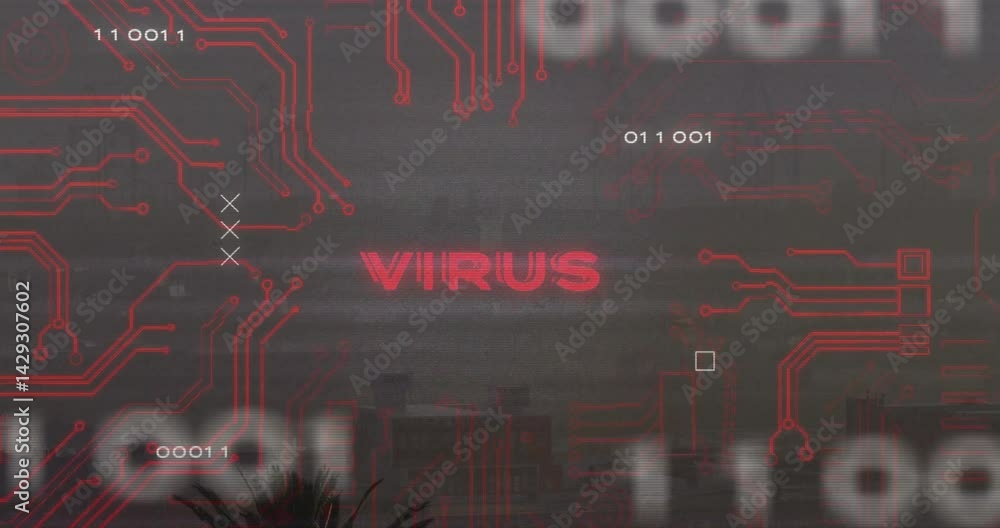 Poster red virus label being animated on glitchy interface, with circuit traces and floating binary codes