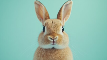 Obraz premium Adorable brown rabbit with gentle whiskers, centered on a light turquoise minimalist background