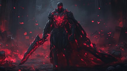A Dark Fantasy Figure with a Glowing Sword. An ominous and formidable figure stands ready for battle, enveloped in shadows with a fiery red glow