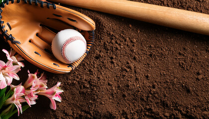 Baseball in a glove with a bat on the dirt, with pink flowers adding a touch of nature for spring or summer season background
