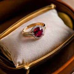 Rose‑Gold Ruby Halo Ring Secured on Leather Jewelry Pillow

